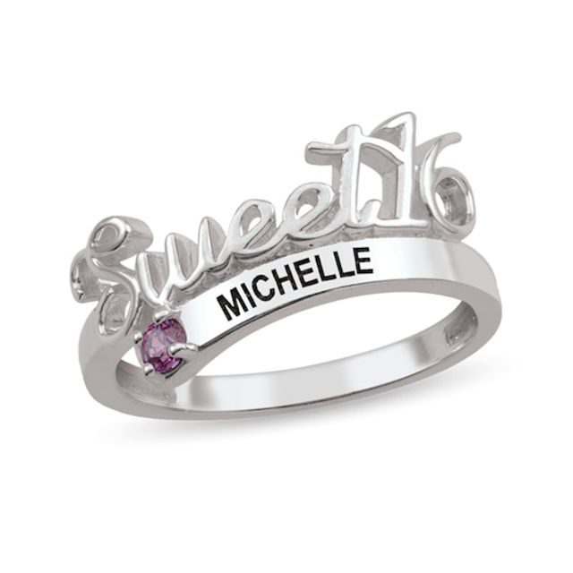 Gemstone Cursive "Sweet 16" Engravable Block Bypass Ring (1 Stone and 1 Line)