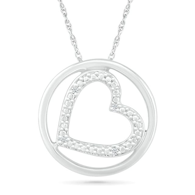 Diamond Accent Beaded Tilted Heart Outline in Circle Pendant in Sterling Silver