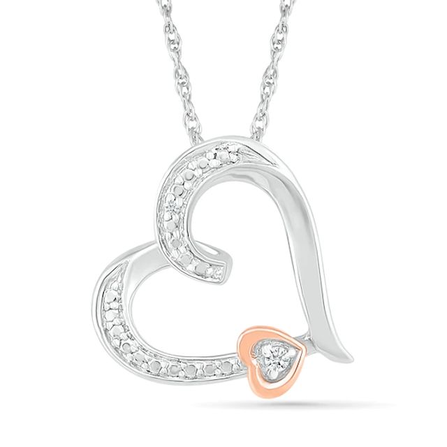 Diamond Accent Beaded Offset Double Tilted Loop Heart Pendant in Sterling Silver and 14K Rose Gold Plate