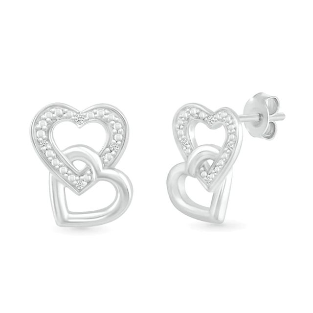 Diamond Accent Beaded Interlocking Tilted Heart Stud Earrings in Sterling Silver