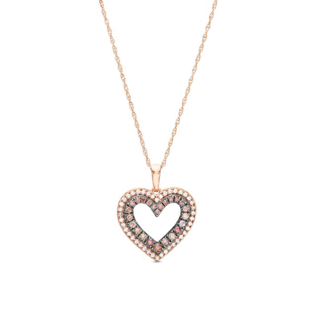 1/4 CT. T.w. Champagne and White Diamond Double Row Heart Outline Drop Pendant in 10K Rose Gold