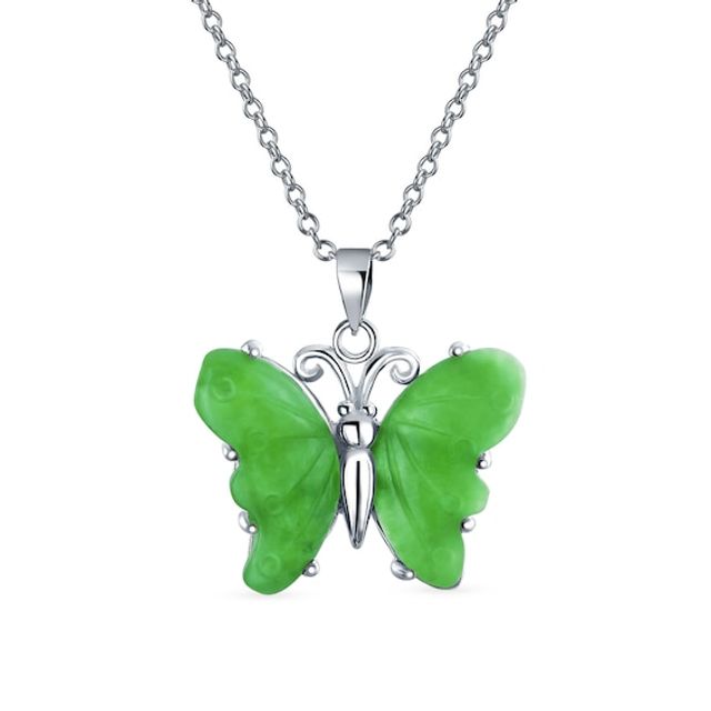 Carved Jade Garden Butterfly Drop Pendant in Sterling Silver