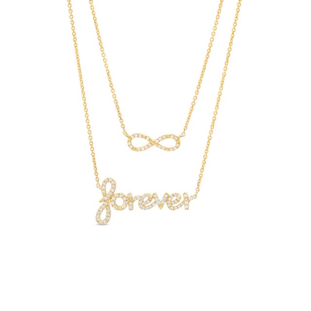 Love Talks 1/4 CT. T.w. Diamond Infinity Loop and Cursive "forever" Double Strand Necklace in 10K Gold