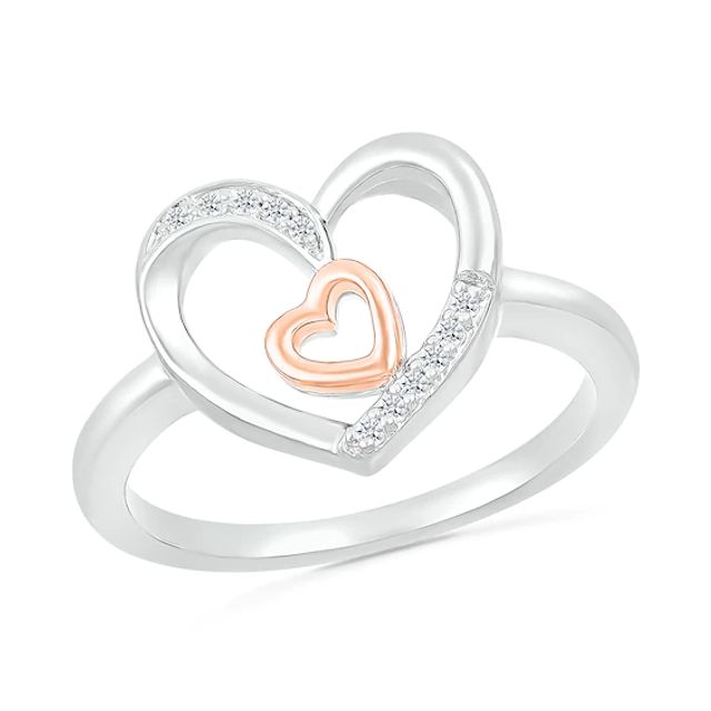 1/20 CT. T.w. Diamond Large and Tilted Small Heart Promise Ring in Sterling Silver and 10K Rose Gold