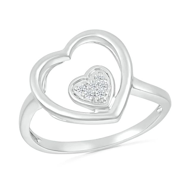 1/20 CT. T.w. Heart-Shaped Multi-Diamond Large and Small Open Frame Tilted Heart Promise Ring in Sterling Silver