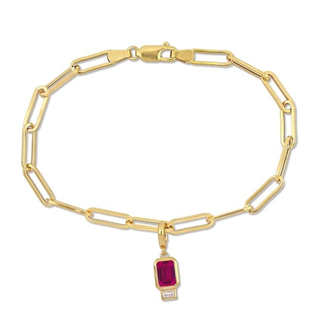 Emerald-Cut Lab-Created Ruby and White Lab-Created Sapphire Charm Paper Clip Bracelet in 14K Gold