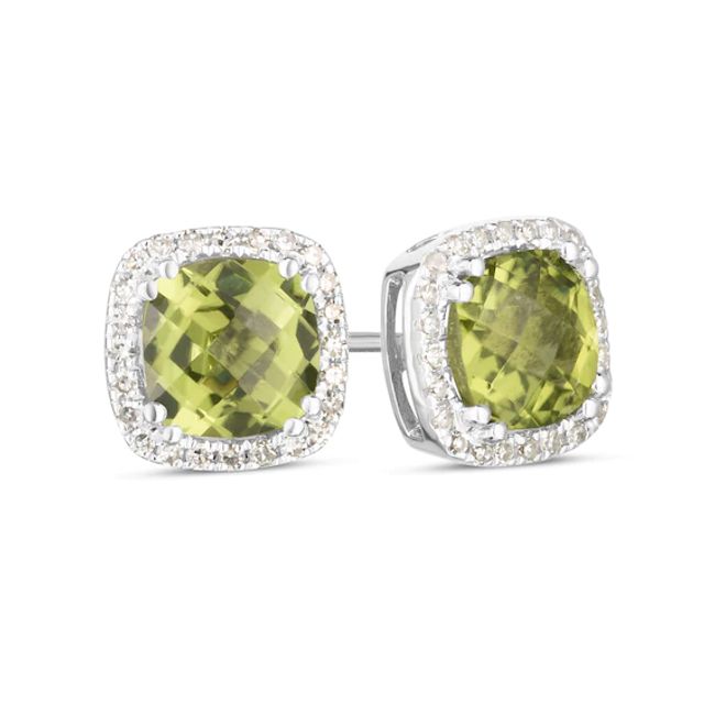 6.0mm Cushion-Shaped Peridot and 1/6 CT. T.w. Diamond Frame Stud Earrings in 14K White Gold