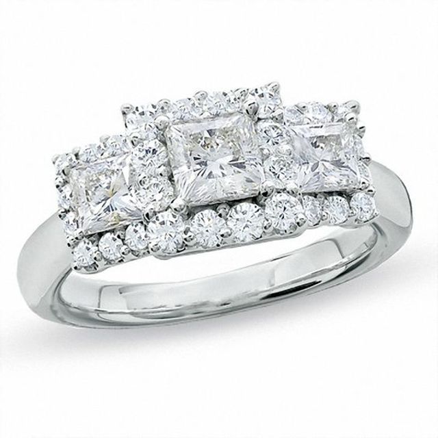 Previously Owned - 1-1/2 CT. T.w. Princess-Cut Celebration DiamondÂ® Three Stone Framed Ring in 18K White Gold