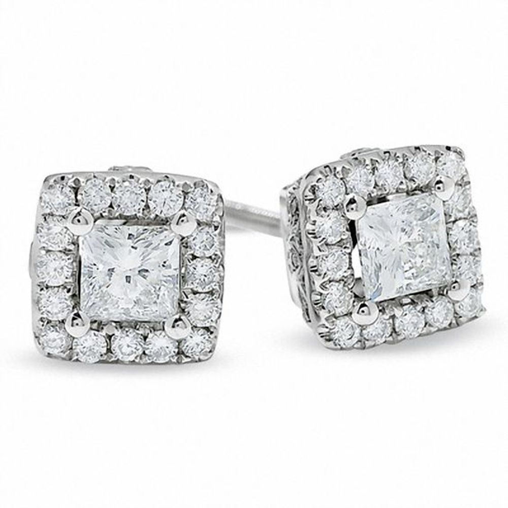 Previously Owned - 1 CT. T.w. Princess-Cut Celebration DiamondÂ® Framed Stud Earrings in 18K White Gold