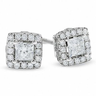 Previously Owned - 1 CT. T.w. Princess-Cut Celebration DiamondÂ® Framed Stud Earrings in 18K White Gold