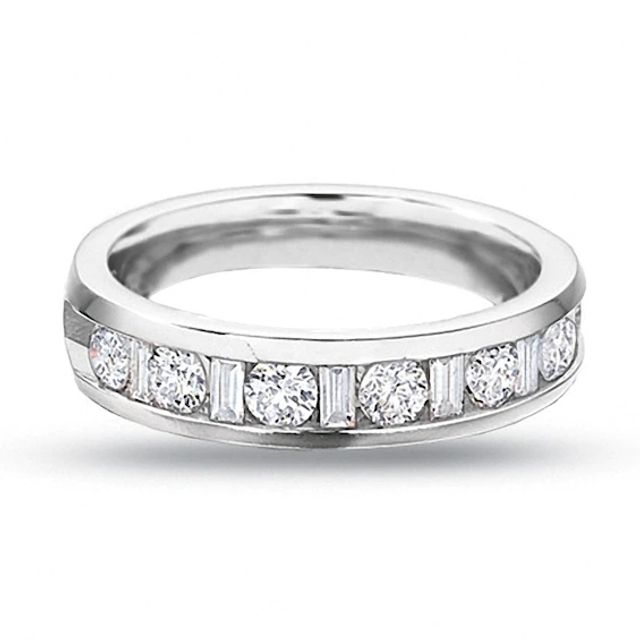 Previously Owned - 1/2 CT. T.w. Round and Baguette Diamond Channel Band in 14K White Gold