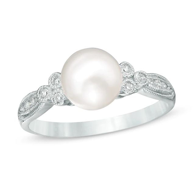 Previously Owned-7.0-7.5mm Freshwater Cultured Pearl and 1/10 CT. T.w. Diamond Tri-Sides Ring in 10K White Gold