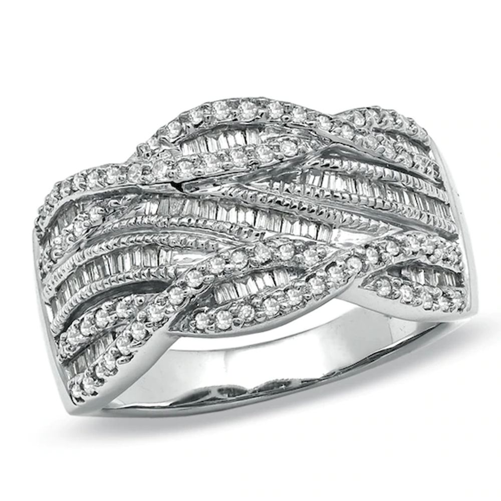 Previously Owned - 1/2 CT. T.w. Round and Baguette Diamond Swirl Band in 10K White Gold