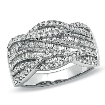 Previously Owned - 1/2 CT. T.w. Round and Baguette Diamond Swirl Band in 10K White Gold