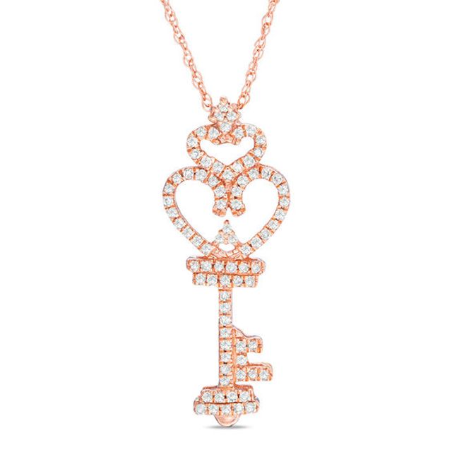 Previously Owned - 1/6 CT. T.w. Diamond Heart-Top Key Pendant in 10K Rose Gold