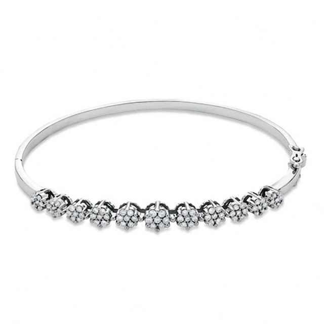 Previously Owned - 1 CT. T.w. Diamond Flower Bangle in 14K White Gold