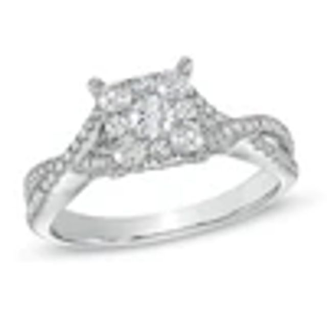 Previously Owned - 3/4 CT. T.w. Diamond Cluster Criss-Cross Shank Engagement Ring in 14K White Gold