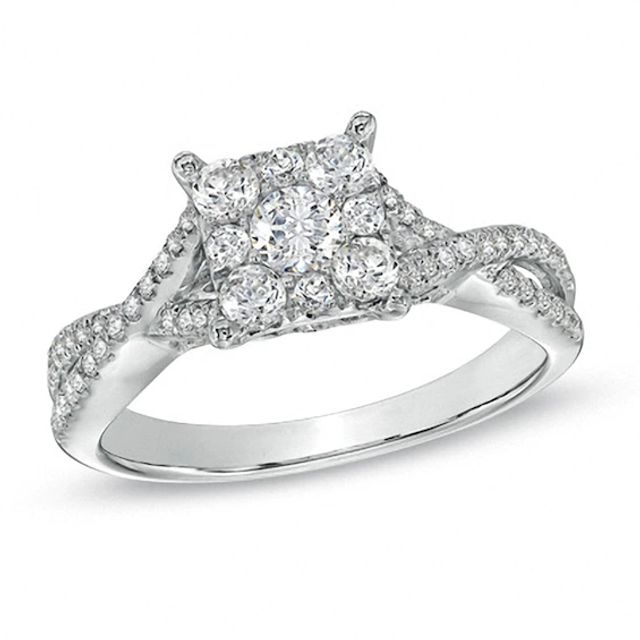 Previously Owned - 3/4 CT. T.w. Diamond Cluster Criss-Cross Shank Engagement Ring in 14K White Gold