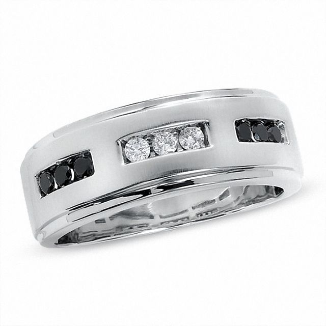 Previously Owned - Men's 1/3 CT. T.w. Enhanced Black and White Diamond Three Channel Band in 14K White Gold