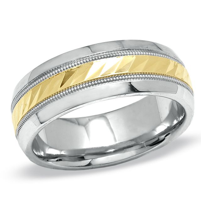 Previously Owned - 8.0mm Diamond-Cut Milgrain Wedding Band in 14K Gold and Sterling Silver