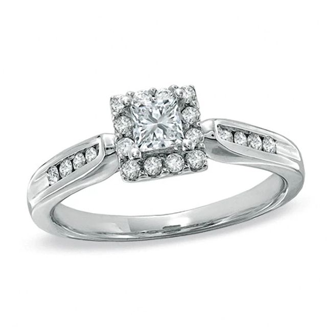 Previously Owned - 1/2 CT. T.w. Princess-Cut Diamond Framed Engagement Ring in 14K White Gold