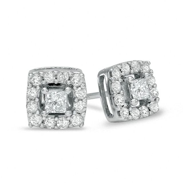 Previously Owned - 1/2 CT. T.w. Princess-Cut Diamond Frame Stud Earrings in 10K White Gold