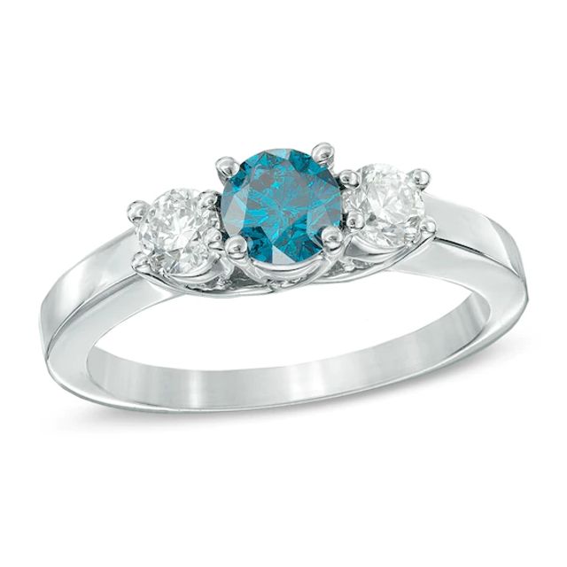 Previously Owned - 3/4 CT. T.w. Enhanced Blue and White Diamond Three Stone Ring in 14K White Gold