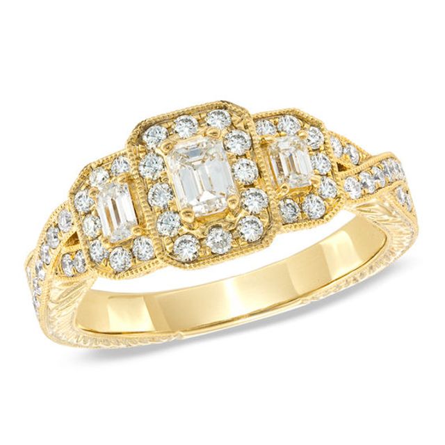 Previously Owned - 1 CT. T.w. Emerald-Cut Diamond Three Stone Vintage-Style Ring in 14K Gold (I/I1)