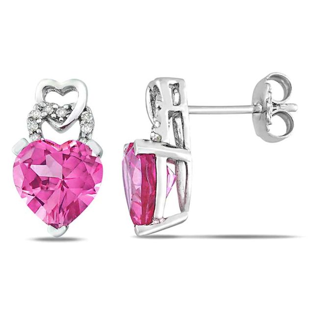 Previously Owned - 8.0mm Heart-Shaped Lab-Created Pink Sapphire and Diamond Accent Earrings in Sterling Silver