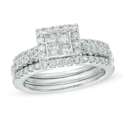 Previously Owned - 1-1/4 CT. T.w. Princess-Cut Diamond Bridal Set in 14K White Gold