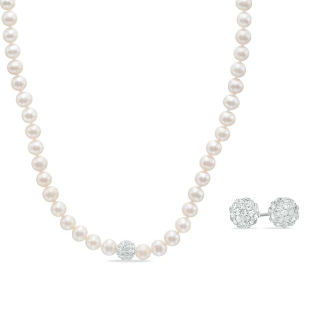 Previously Owned-6.0-7.0mm Freshwater Cultured Pearl and Crystal Necklace and Earrings Set in Sterling Silver