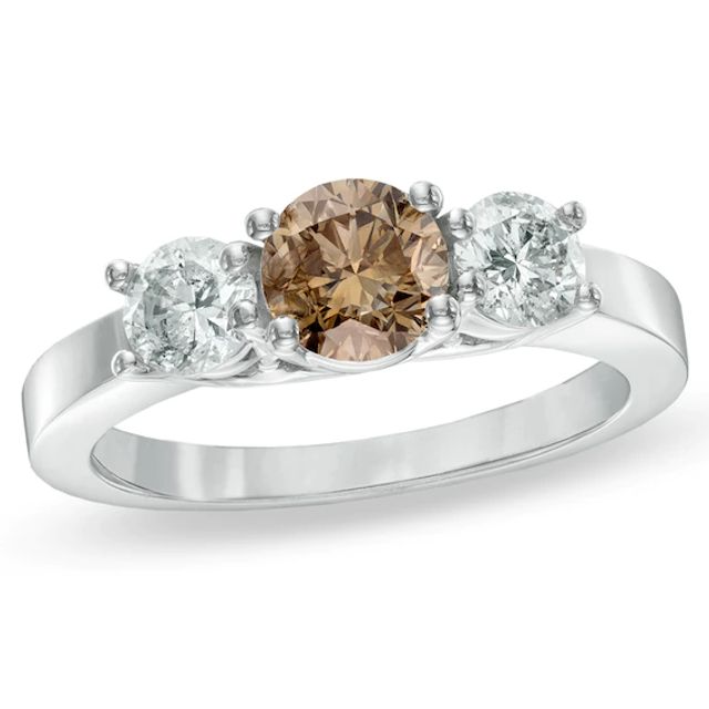Previously Owned - 1-1/2 CT. T.w. Enhanced Champagne and White Diamond Three Stone Ring in 14K White Gold