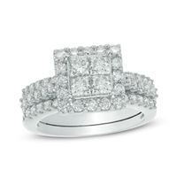 Previously Owned - 2 CT. T.w. Quad Princess-Cut Diamond Framed Three Piece Bridal Set in 14K White Gold