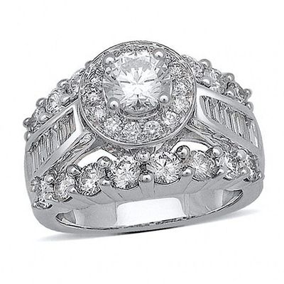 Previously Owned - 3-1/2 CT. T.w. Baguette and Round Diamond Engagement Ring in 14K White Gold