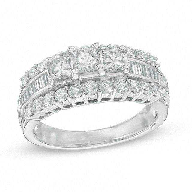 Previously Owned - 1-1/2 CT. T.w. Princess-Cut Diamond Three Stone Engagement Ring in 14K White Gold
