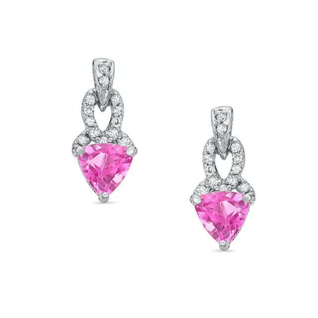 Previously Owned - 5.0mm Trillion-Cut Lab-Created Pink Sapphire and Diamond Accent Earrings in Sterling Silver