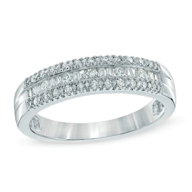 Previously Owned - 1/4 CT. T.w. Baguette and Round Diamond Anniversary Band in 10K White Gold