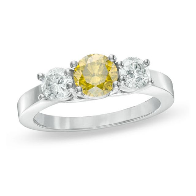 Previously Owned - 1-1/2 CT. T.w. Enhanced Yellow and White Diamond Three Stone Ring in 14K White Gold