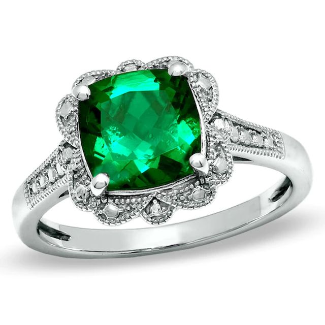Previously Owned - 8.0mm Cushion-Cut Lab-Created Emerald Vintage-Style Ring in Sterling Silver
