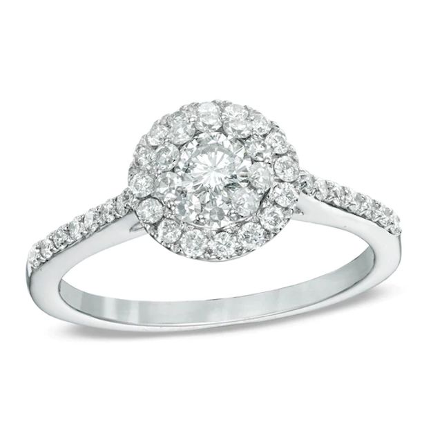 Previously Owned - 3/4 CT. T.w. Multi-Diamond Double Frame Engagement Ring in 14K White Gold