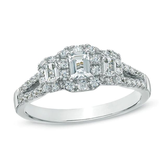 Previously Owned - 1 CT. T.w. Emerald-Cut Diamond Three Stone Frame Ring in 14K White Gold (I/I1)