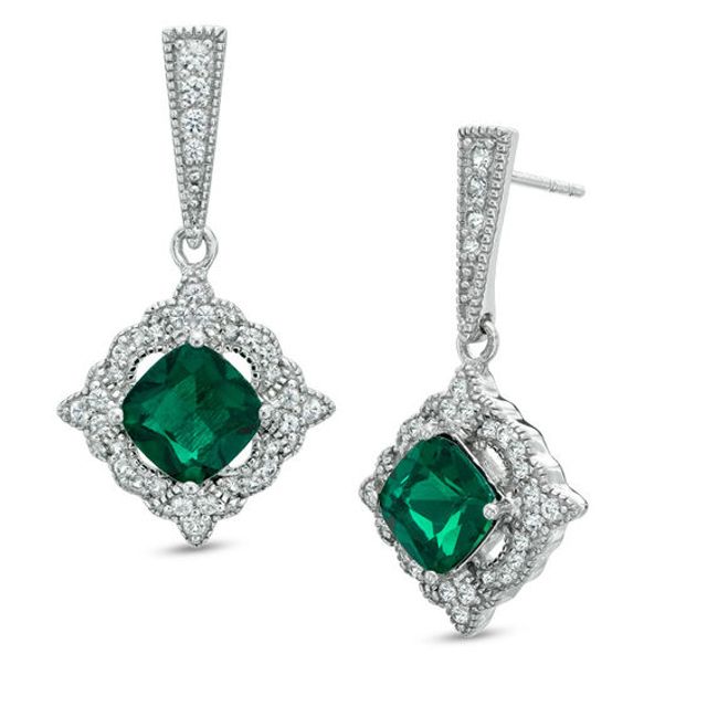 Previously Owned - 7.0mm Cushion-Cut Lab-Created Emerald and White Sapphire Drop Earrings in Sterling Silver