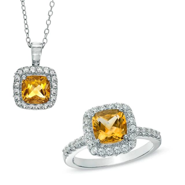 Previously Owned - 7.0mm Citrine and Lab-Created White Sapphire Pendant and Ring Set in Sterling Silver - Size 7