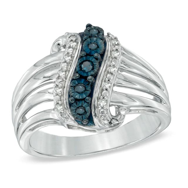 Previously Owned - Enhanced Blue and White Diamond Accent Linear Wave Ring in Sterling Silver