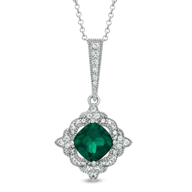 Previously Owned - 8.0mm Cushion-Cut Lab-Created Emerald and White Sapphire Frame Pendant in Sterling Silver