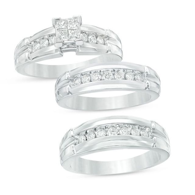 Previously Owned - 3/4 CT. T.w. Quad Diamond Comfort Fit Wedding Ensemble in 14K White Gold