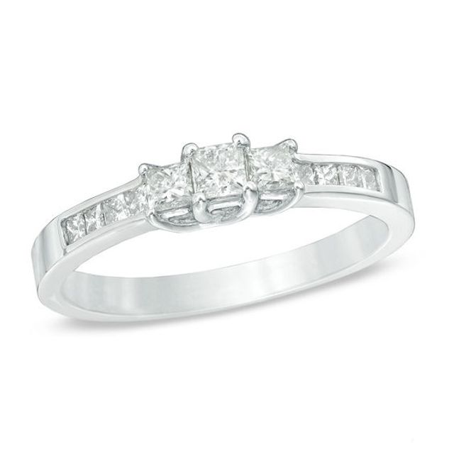 Previously Owned - 1/2 CT. T.w. Princess-Cut Diamond Three Stone Engagement Ring in 10K White Gold