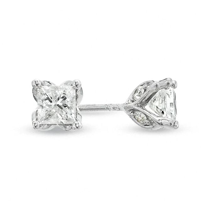 Previously Owned - 1-1/3 CT. T.w. Princess-Cut Diamond Tulip Stud Earrings in 14K White Gold