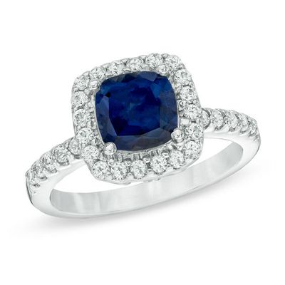 Previously Owned - 7.0mm Cushion-Cut Lab-Created Blue and White Sapphire Frame Ring in Sterling Silver