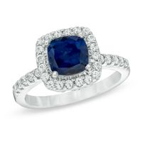 Previously Owned - 7.0mm Cushion-Cut Lab-Created Blue and White Sapphire Frame Ring in Sterling Silver